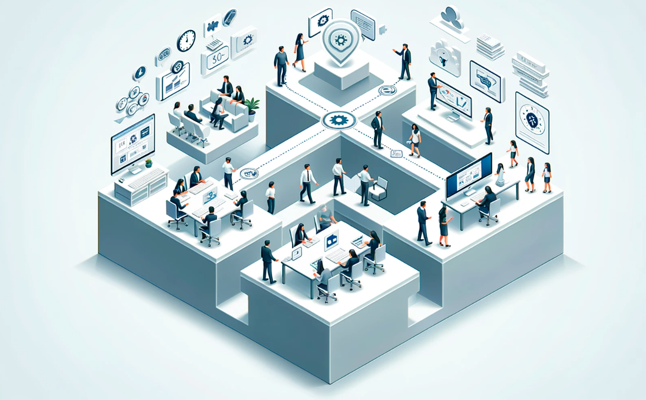 Illustration of professionals collaborating in a structured office environment, representing Coder Trove's professional software services.