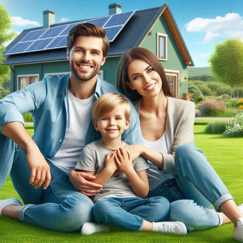 A happy family sits together on the lawn, smiling in front of their house with solar panels on the roof. This solar panel purchase was facilitated by a salesperson using solar panel leads. from Aged Leads Depot