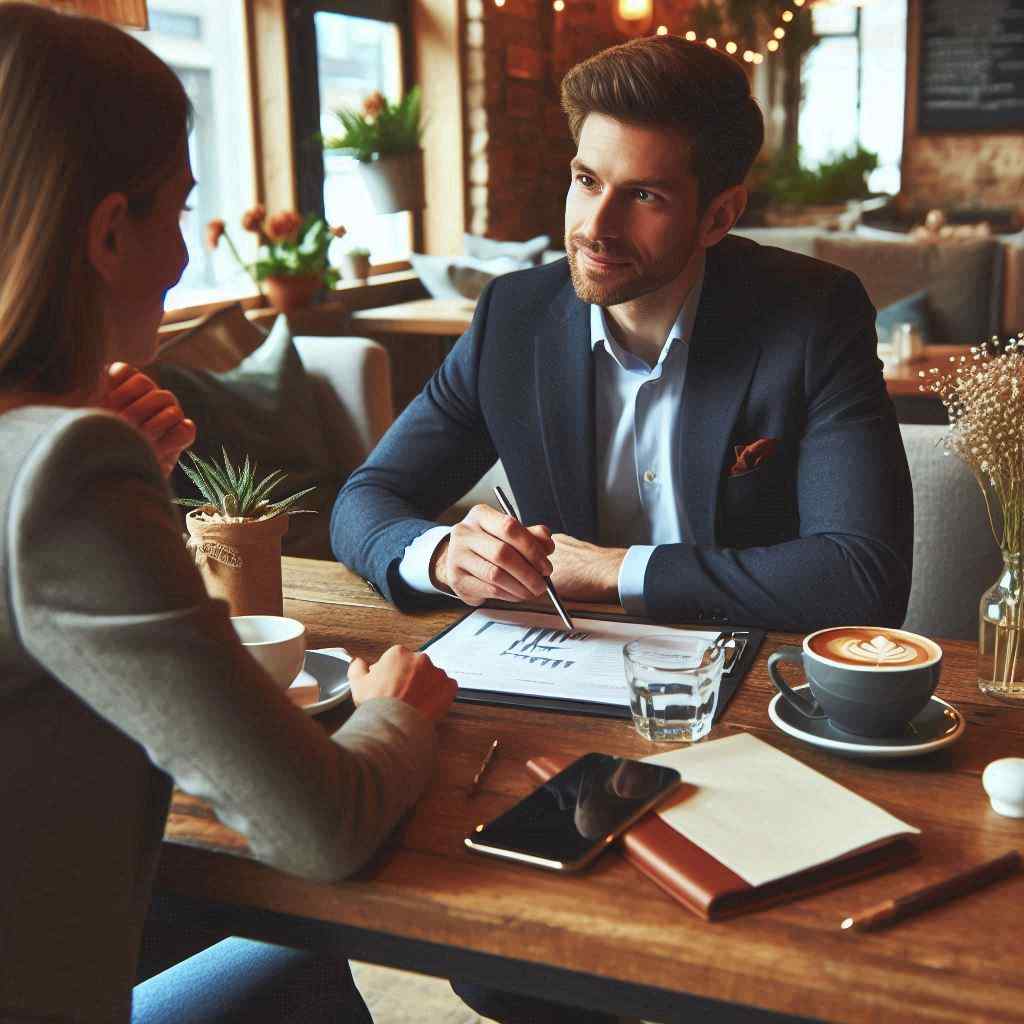 business opportunity agent acquired this client from a list of home-based business leads from Aged Leads Depot, engaged in a conversation at a café table with coffee and notes.
