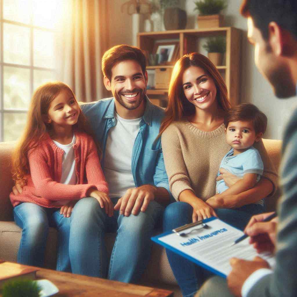 A smiling health insurance agent discusses options with a happy family seated on a couch. The interaction reflects the successful engagement made possible through ACA leads from Aged leads Depot, highlighting the agent's focus on providing suitable health insurance solutions.