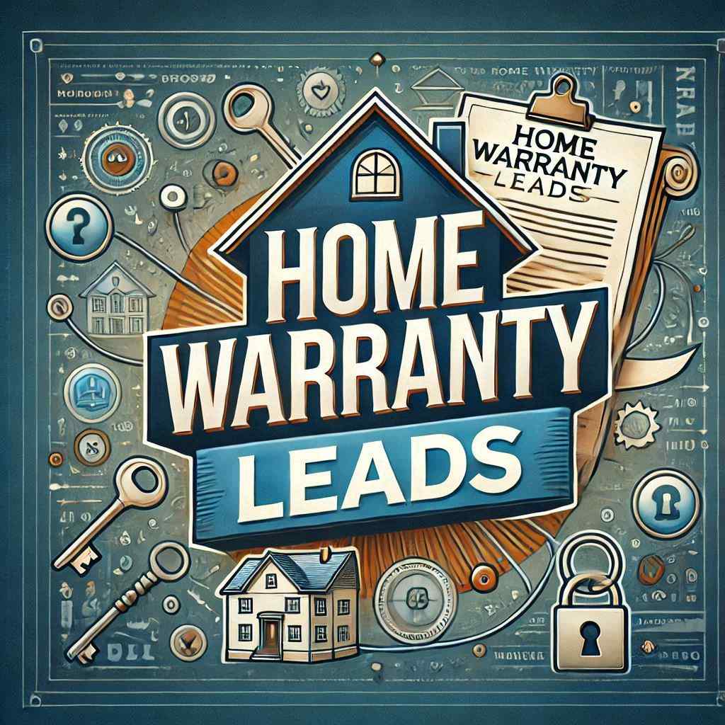 A graphic illustrating "Home Warranty Leads," featuring icons of houses, keys, and tools. The home warranty technician secured this client from a list of aged home warranty leads from Aged Leads Depot.