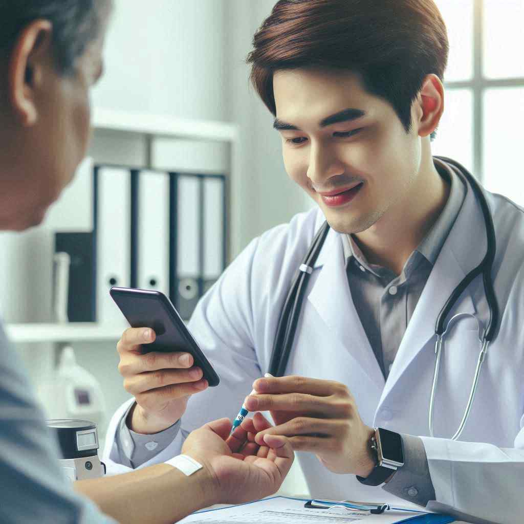 A diabetic doctor smiles as he prepares to check a patient's blood sugar level, indicating that he acquired this client from a list of diabetes supply leads from Aged Leads Depot.