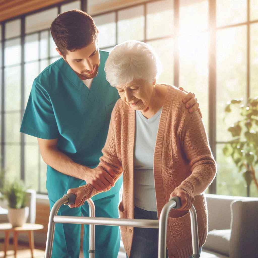 A DME healthcare professional assists an elderly woman using a walker, gently supporting her as she moves, indicating that he acquired this client from a list of Durable Medical Equipment leads from Aged Leads Depot.