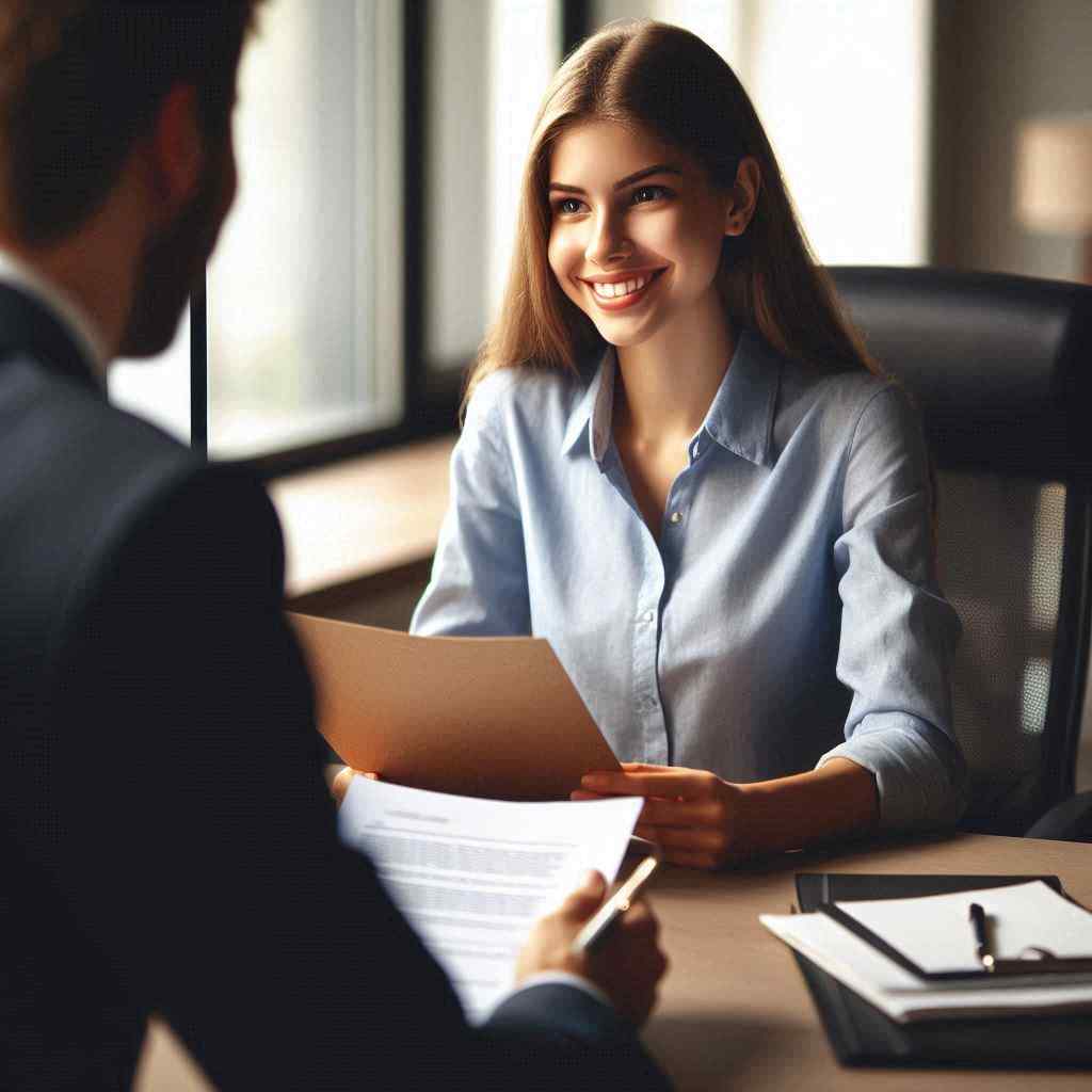 An MCA agent smiles at a young woman sitting across the table, indicating that he acquired this client from a list of aged MCA leads from Aged Leads Depot.