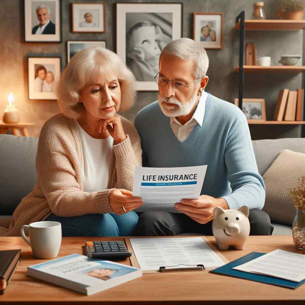  A senior couple examines their aged life insurance paperwork in a cozy living room, surrounded by personal photos. Their focused expressions highlight the critical decision-making process involved when considering how to buy aged life insurance leads from Aged Lead Depot for future planning.