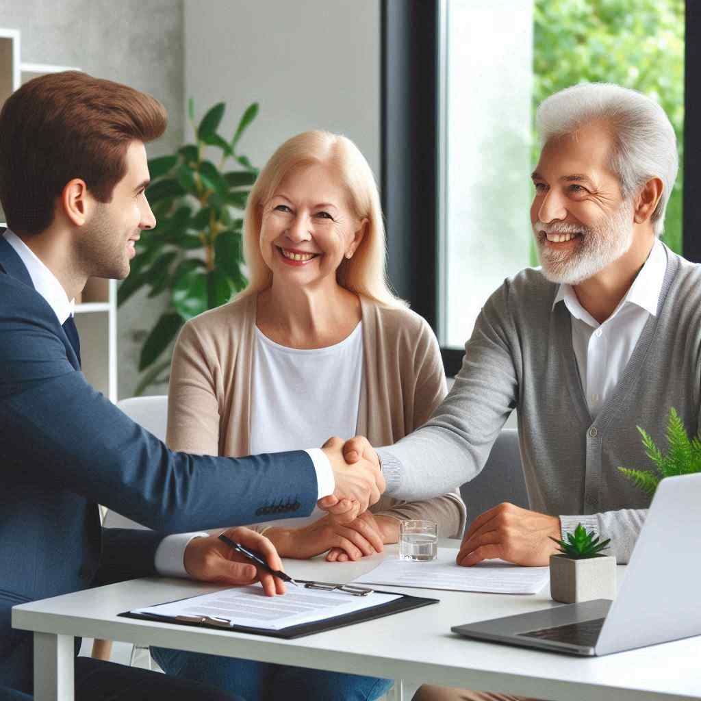 A Medicare insurance agent shakes hands with a senior couple in a bright, modern office. The couple looks pleased as they finalize their plans, reflecting a successful consultation. This moment underscores the agent's effective use of Medicare insurance leads from Aged Leads Depot obtained from a targeted list, showcasing the importance of building trusting relationships with prospects.