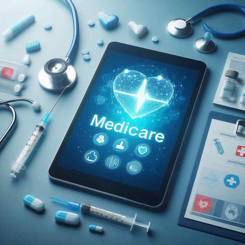 A tablet displaying a vibrant "Medicare" graphic is surrounded by medical tools and supplies, symbolizing the healthcare industry. This setup highlights the context of a Medicare insurance agent discussing options with a prospect they acquired from a list of Medicare leads from Aged Leads Depot, emphasizing the importance of targeted outreach in connecting with potential clients.