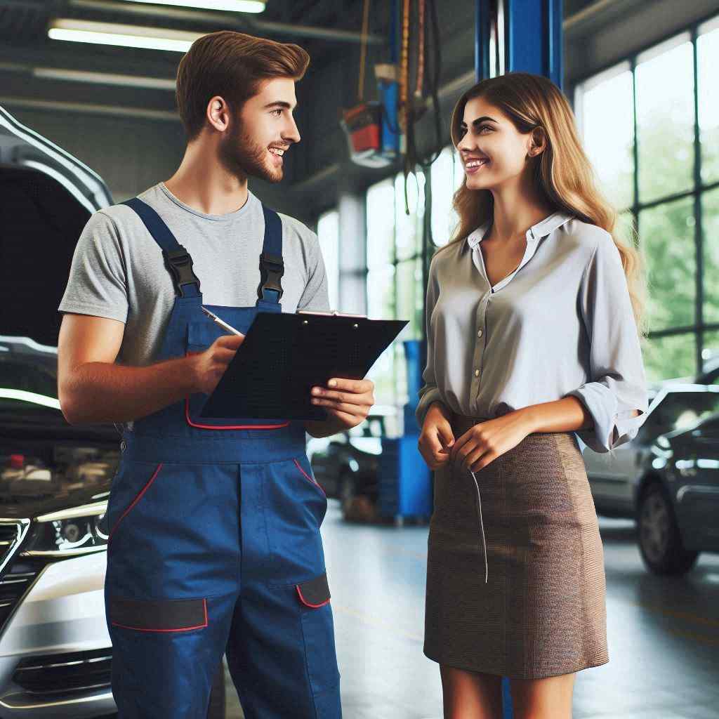 n auto repair technician talks to a prospect he obtained from a list of auto warranty leads from Aged Leads Depot, discussing service options in a garage setting.