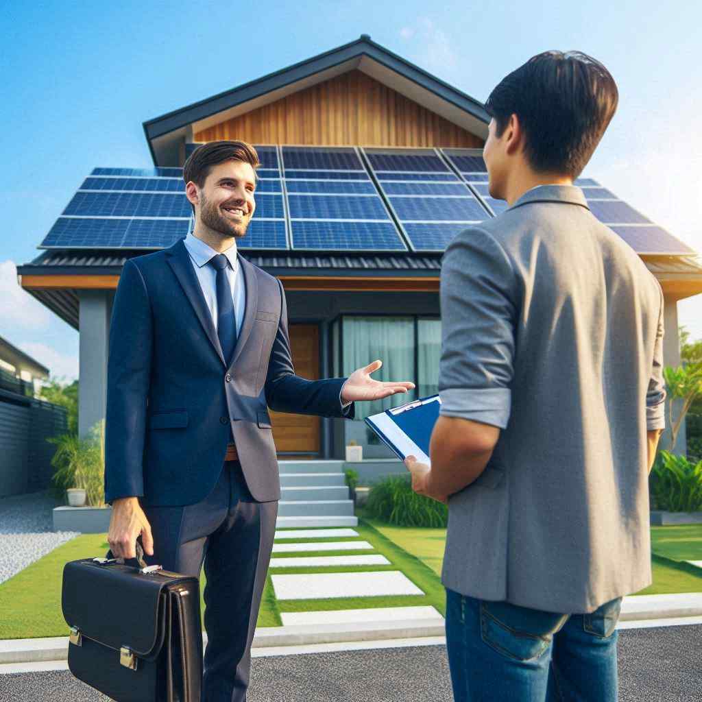 A smiling salesperson in a suit engages with a prospective client in front of a house featuring solar panels. This connection with the homeowner was made by the salesman from the best solar leads from Aged Leads Depot he could find online.