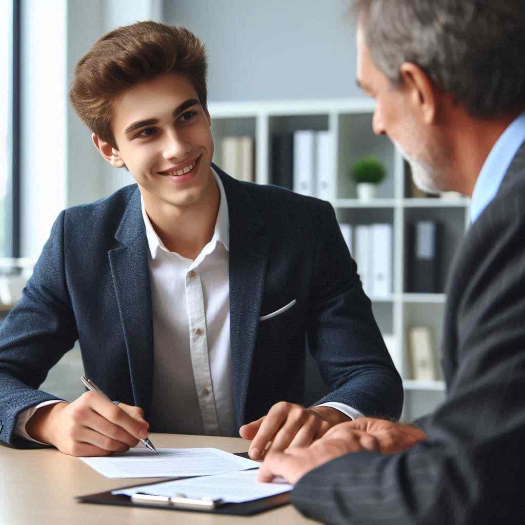 An MVA lawyer engages with a young client at a table, both smiling as they review documents, indicating he acquired this client from a list of motor vehicle accident leads from Aged Leads Depot.