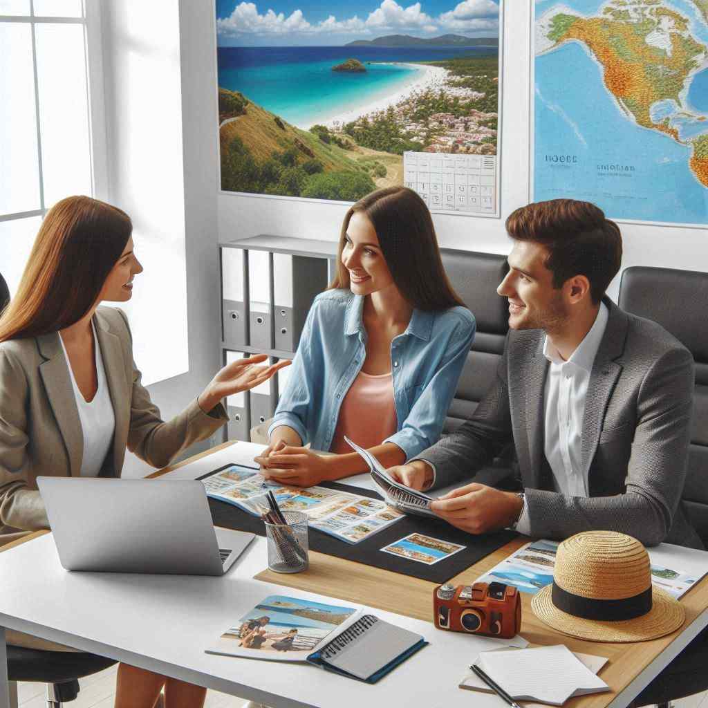 travel agent speaks with a couple in a bright office, showcasing brochures and travel options after obtaining the prospect from a list of travel agent leads from Aged Leads Depot.