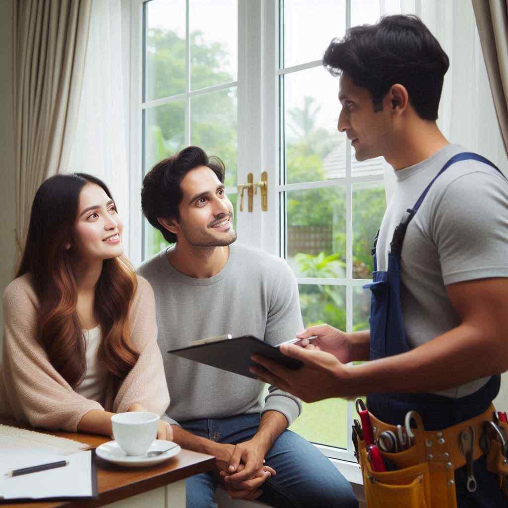 A window installation technician discusses options with a couple at a table, indicating that he secured this client from a list of replacement window leads from Aged Leads Depot.