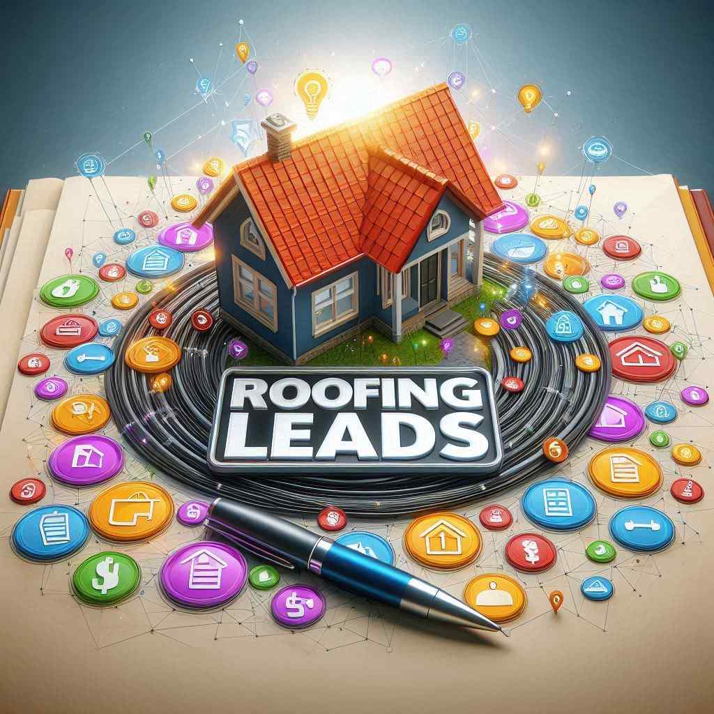 A model house sits atop a notebook surrounded by colorful icons, showcasing about aged roofing leads from Aged Leads Depot with the prominent text "ROOFING LEADS" highlighted in the center.