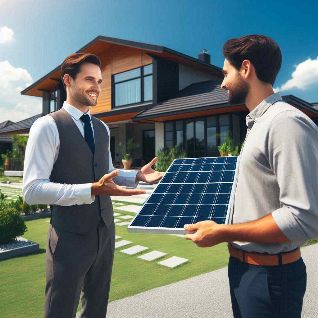 A well-dressed salesperson discusses options with client holding a solar panel in front of a modern home. This client came from residential solar leads from Aged Leads Depot that the salesperson had bought.