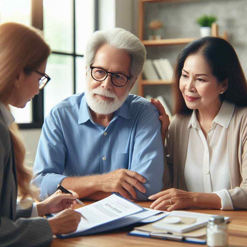 A financial consultant meets with an elderly couple to review their aged life insurance policy in a bright, modern office. The couple looks comfortable and attentive, highlighting the significance of generating quality aged life insurance leads from Aged Leads Depot for personalized financial advice.