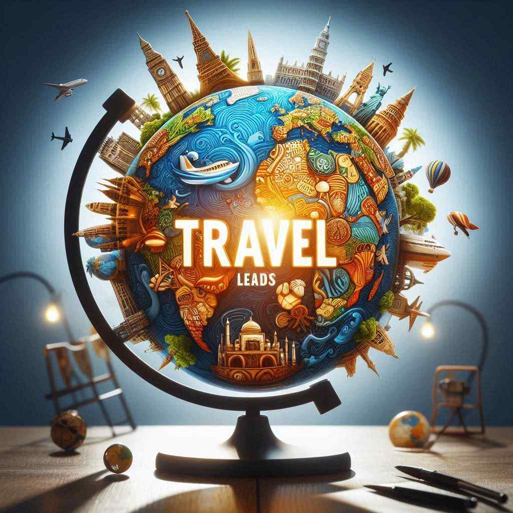 A colorful globe surrounded by iconic landmarks and travel-related elements, with the phrase "Travel Leads " prominently displayed in the center, symbolizing opportunities in the travel leads industry from Aged Leads Depot.