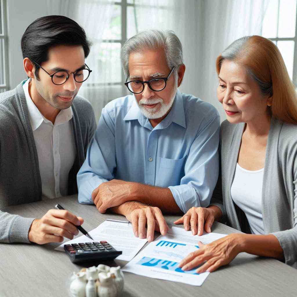  A financial advisor sits with an elderly couple at a table, reviewing life insurance documents and financial charts. The advisor points to specific figures while using a calculator, highlighting the benefits and options of life insurance leads for sale from Aged Leads Depot to ensure the couple makes informed decisions for their future.