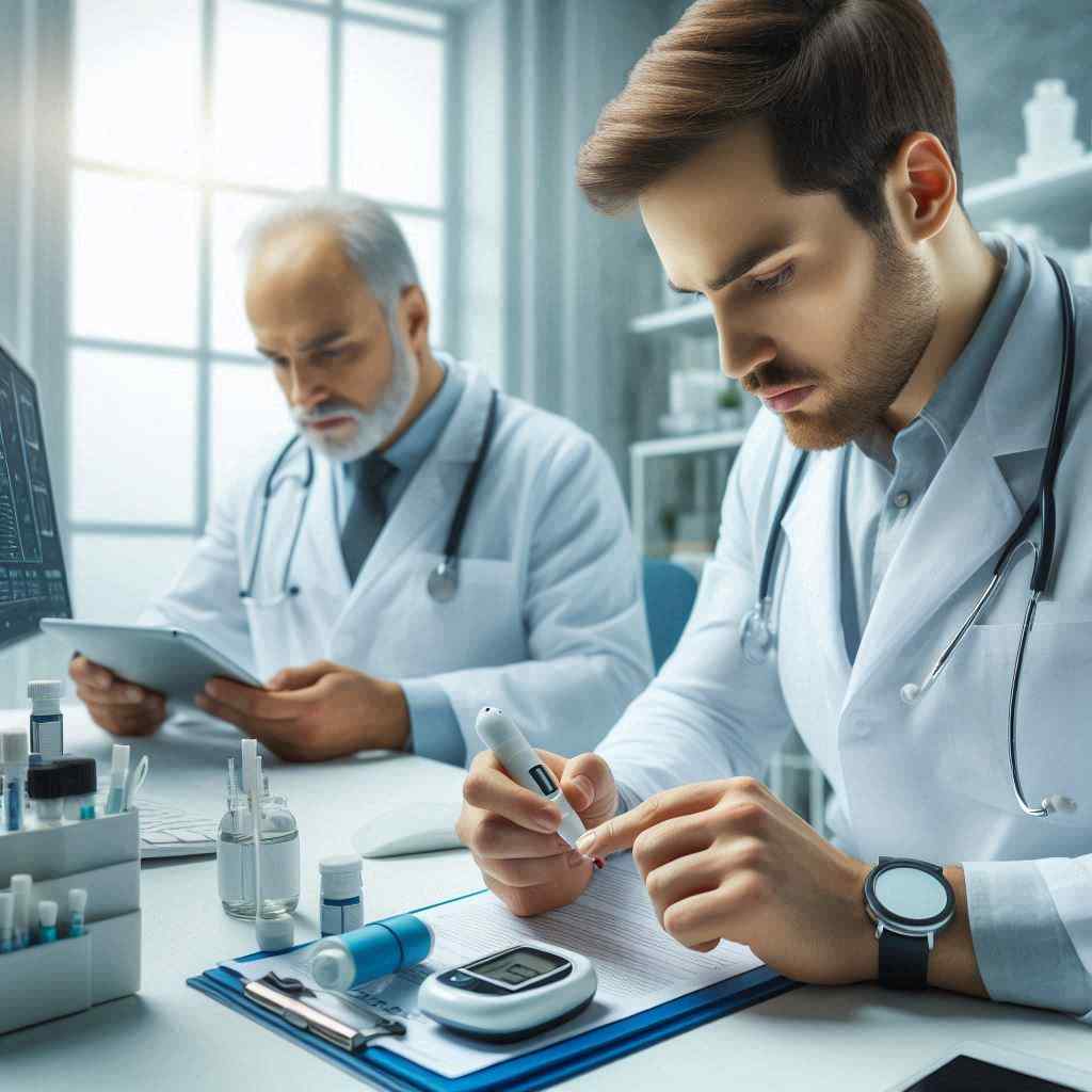 A diabetic doctor focuses on preparing a glucose meter while a colleague reviews documents, indicating he acquired this client from a list of diabetes web leads from Aged Leads Depot.
