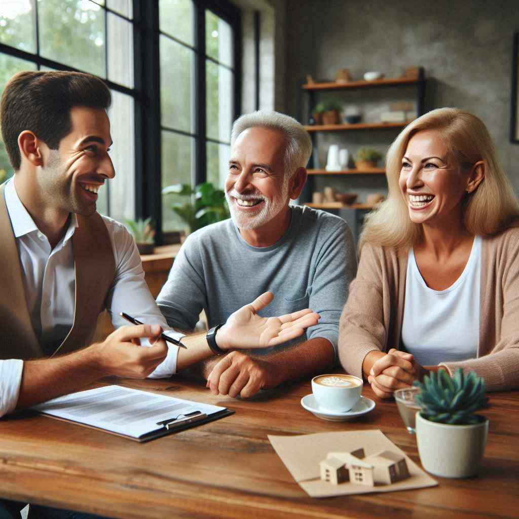 A Medicare insurance agent enthusiastically discusses options with a senior couple in a bright, inviting office. The couple appears engaged and attentive as they explore various plans. The agent emphasizes the value of the insights gained from the best Medicare leads from Aged Leads Depot, showcasing the effective communication that stems from connecting with prospects sourced from a targeted list.