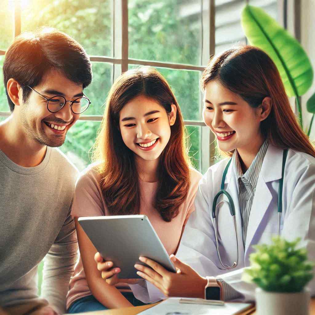 A friendly doctor smiles with a couple, having secured this client from a list of health insurance leads for agents from Aged Leads Depot.