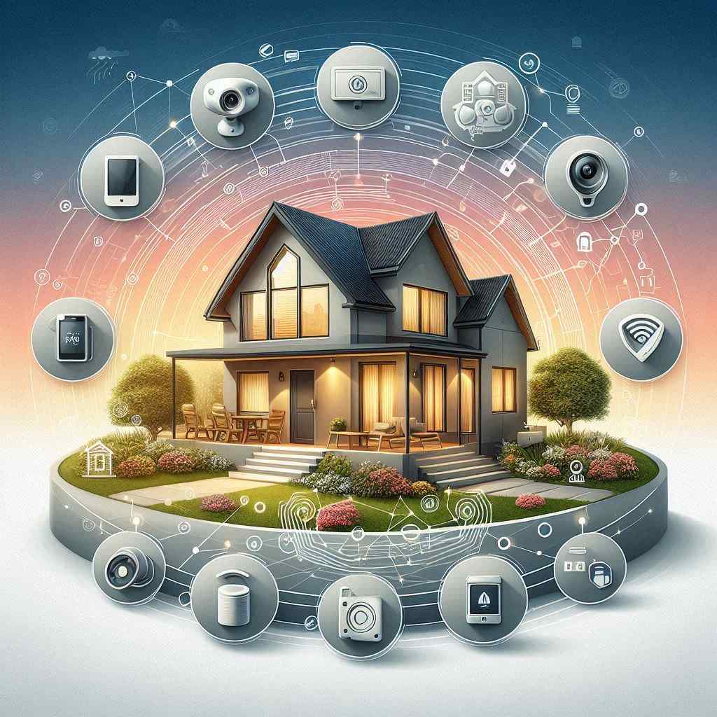 A home security agent secures a client from a list of home security leads from Aged Leads Depot, surrounded by icons representing various security devices and a modern home.