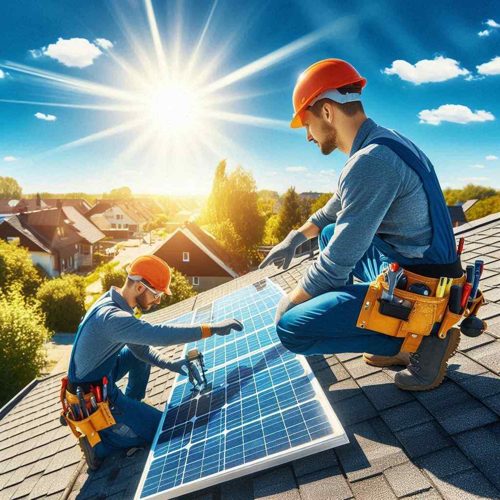  Two workers in hard hats install solar panels on a rooftop under a bright sun. This job was secured through a solar leads list from Aged Leads Depot.