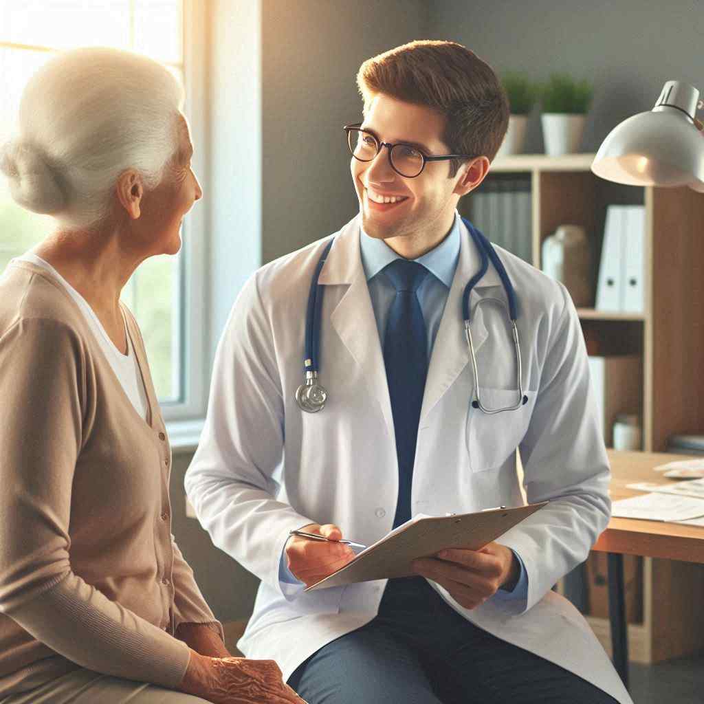 A Medicare health professional in a white coat engages warmly with an older woman in a well-lit office setting. They discuss her healthcare needs, emphasizing options available as she approaches eligibility. The agent highlights insights relevant to turning 65 Medicare leads from Aged Leads Depot, reflecting the significance of connecting with prospects acquired from targeted lists.