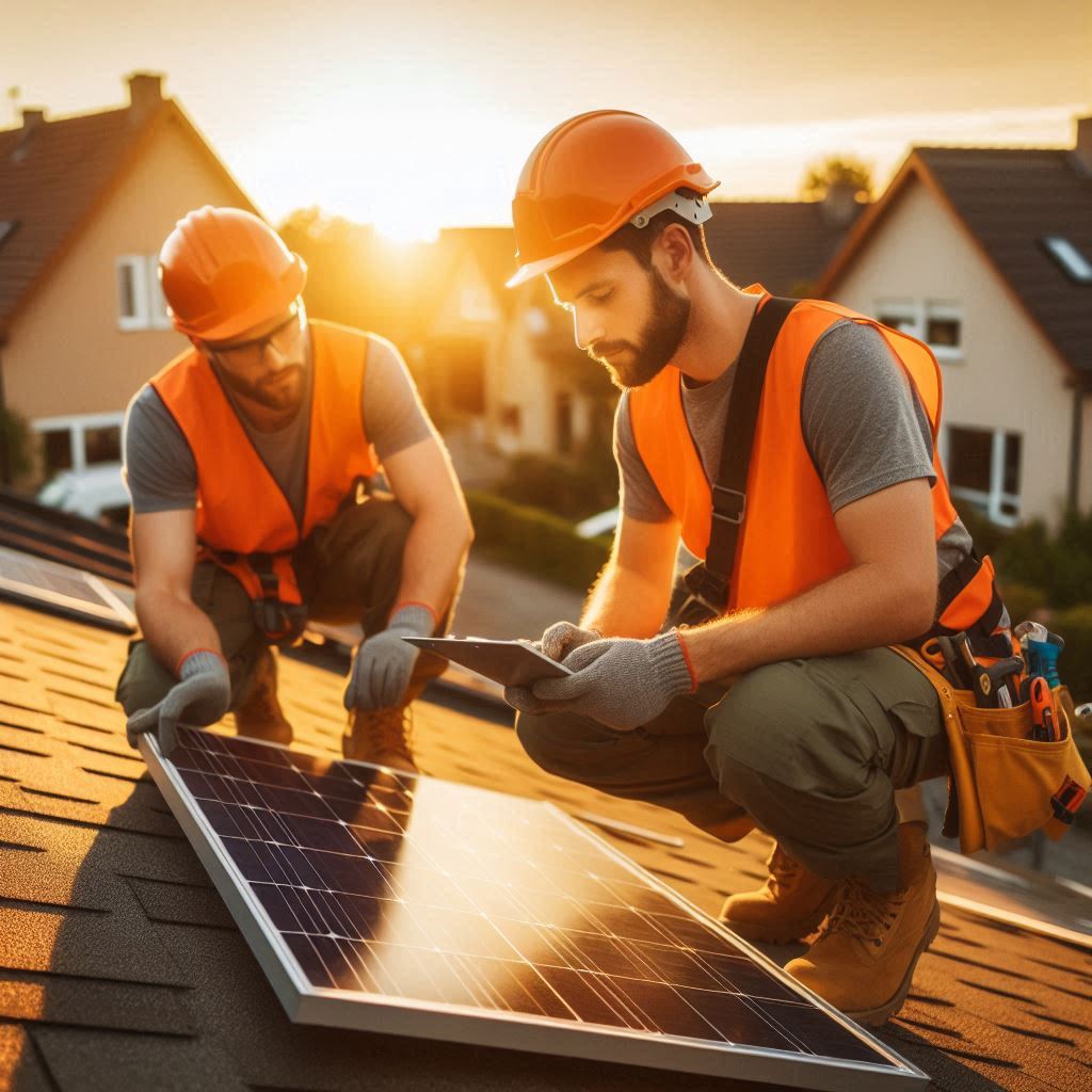  Two solar panel workers are carefully installing solar panels on a roof during sunset. They wear safety helmets and bright vests, showcasing their professionalism. One worker checks a device in his hand, while the other positions a solar panel. This installation job was obtained from a list of solar leads for sale from Aged Leads Depot, emphasizing the growing demand for renewable energy solutions.