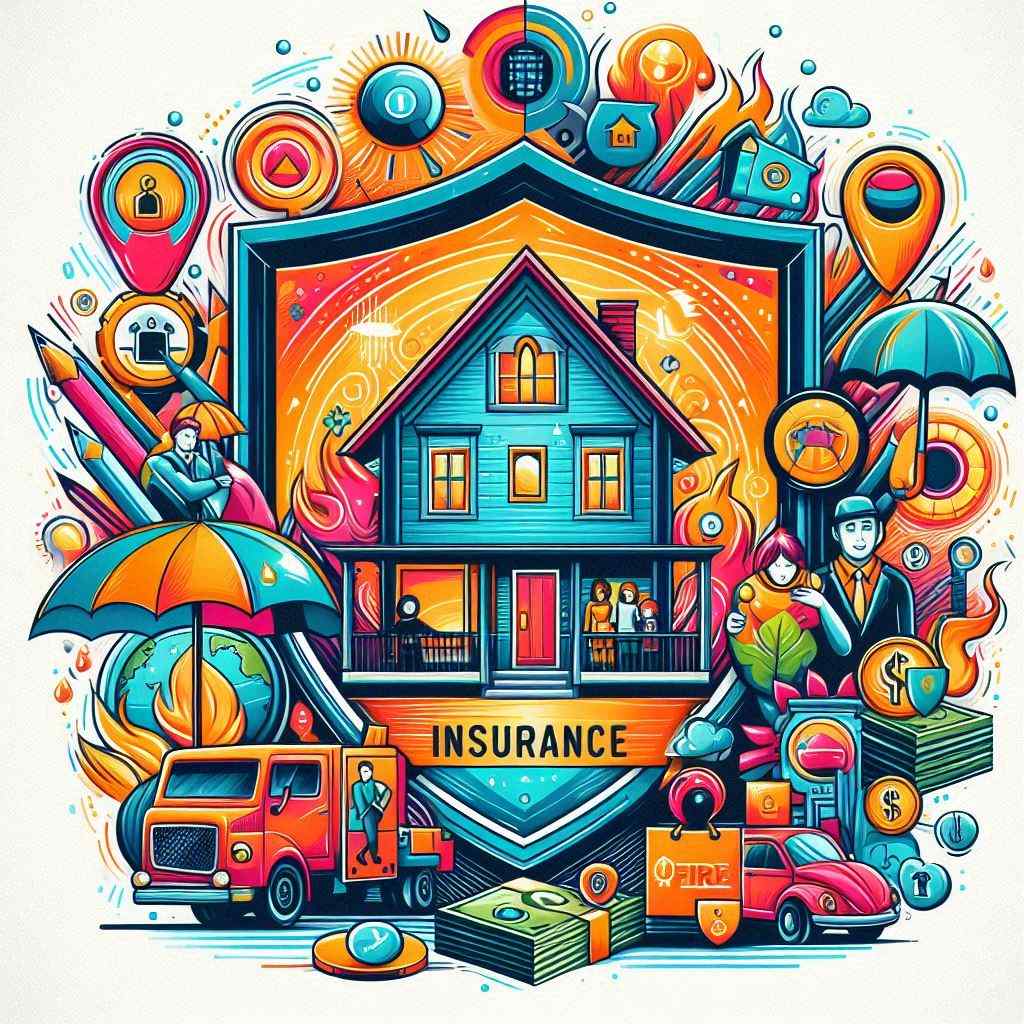 An artistic collage featuring a house protected by a shield surrounded by various symbols related to insurance, such as umbrellas, money, and security icons. This vibrant image represents the broad themes of home insurance leads for agents from Aged Leads Depot, highlighting the importance of comprehensive coverage and client engagement.