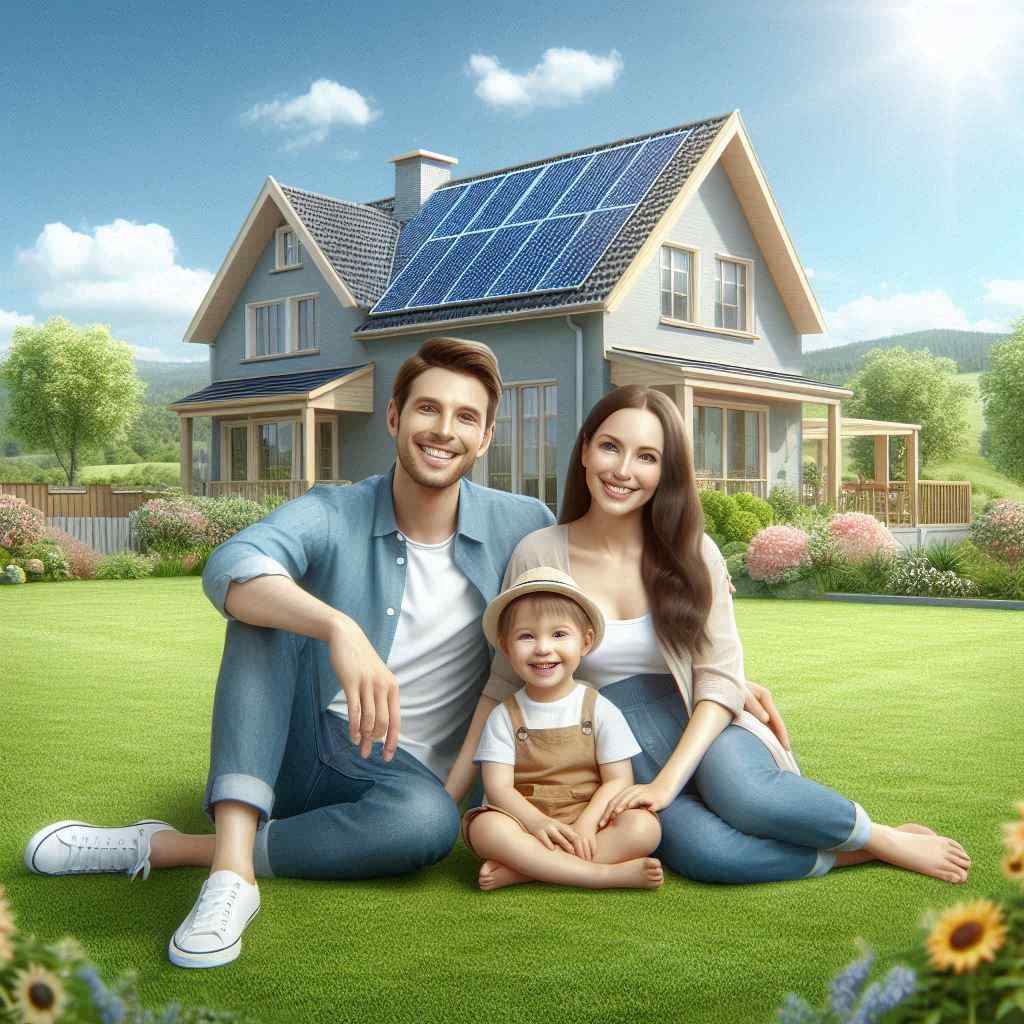 A smiling family sits on the lawn in front of their house with solar panels on the roof. This installation was due contractor getting the prospect through aged solar leads from Aged Leads Depot.