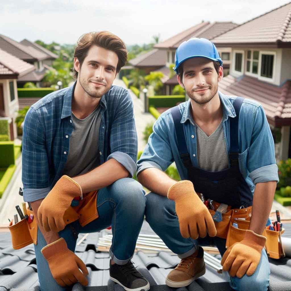A roofing agent secured this client from a list of roofing leads near me from Aged Leads Depot, featuring two workers smiling while on a roof with houses in the background.