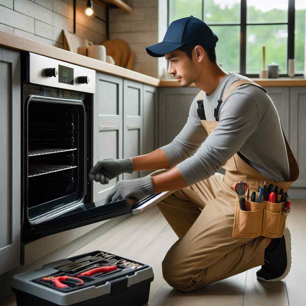 An appliance repair man inspects an oven for a prospect he received from the best extended warranty leads from Aged Leads Depot.