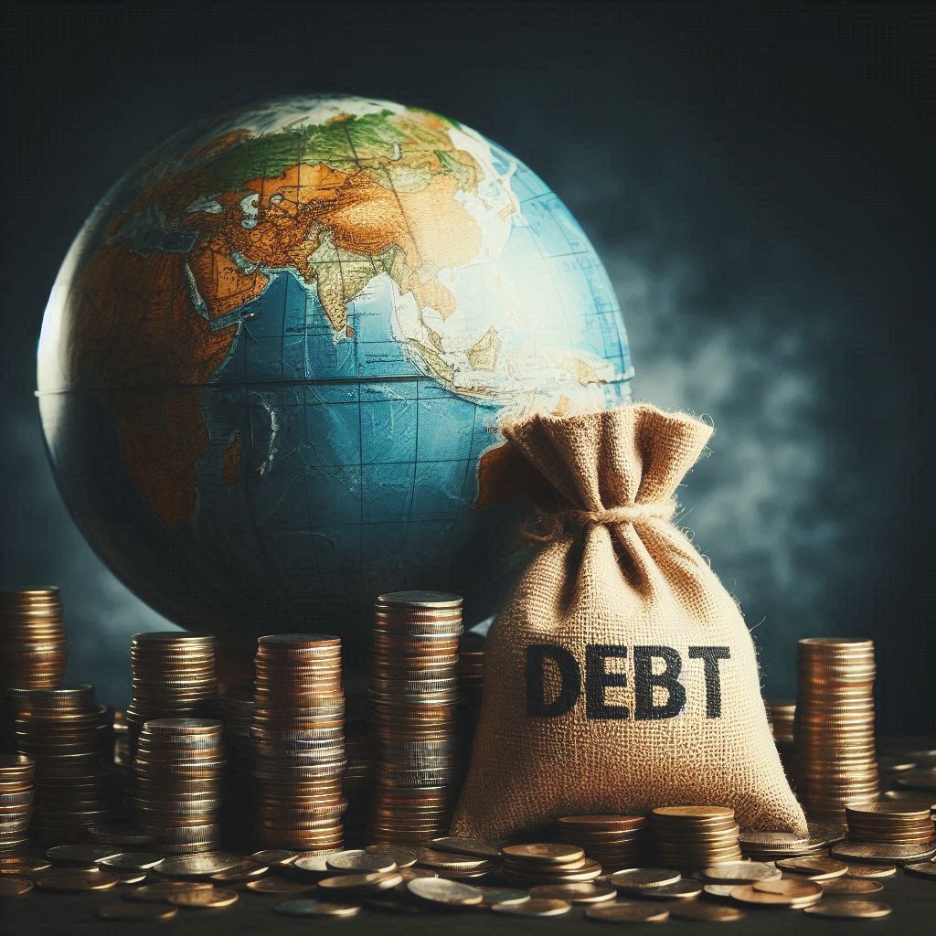 A burlap sack labeled "DEBT" next to a globe and stacks of coins, representing debt leads from Aged Leads Depot.