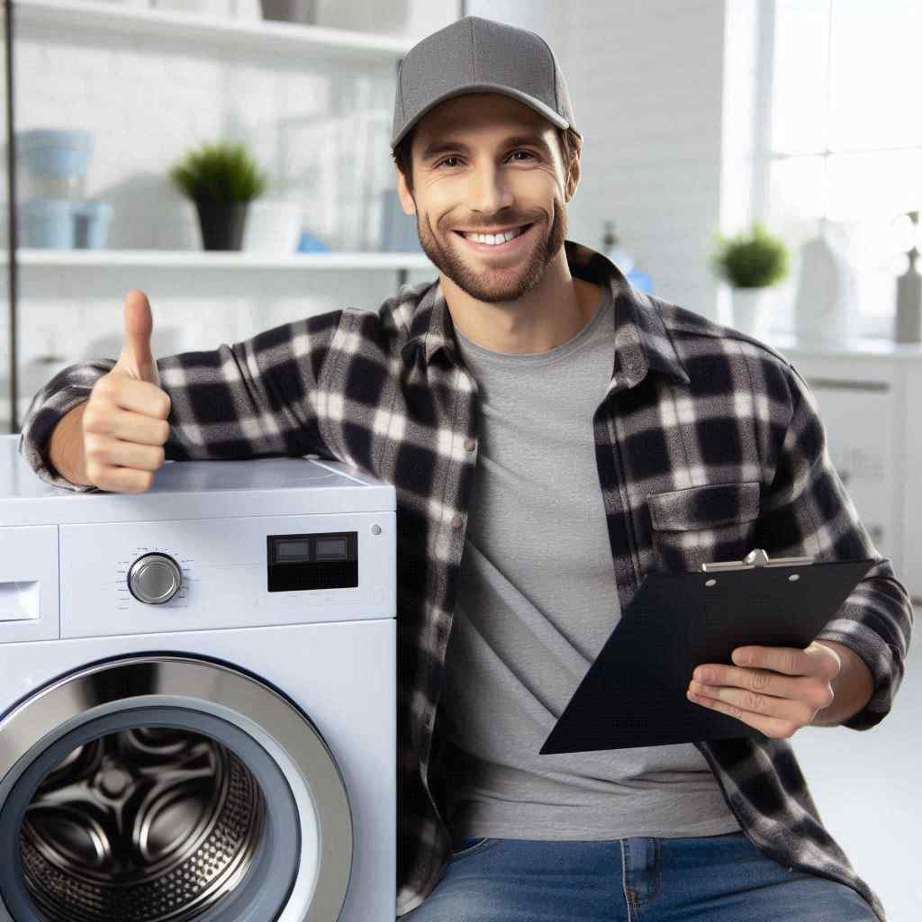 An appliance repair man gives a thumbs-up next to a washing machine, representing a job for a prospect obtained from home warranty leads from Aged Leads Depot.
