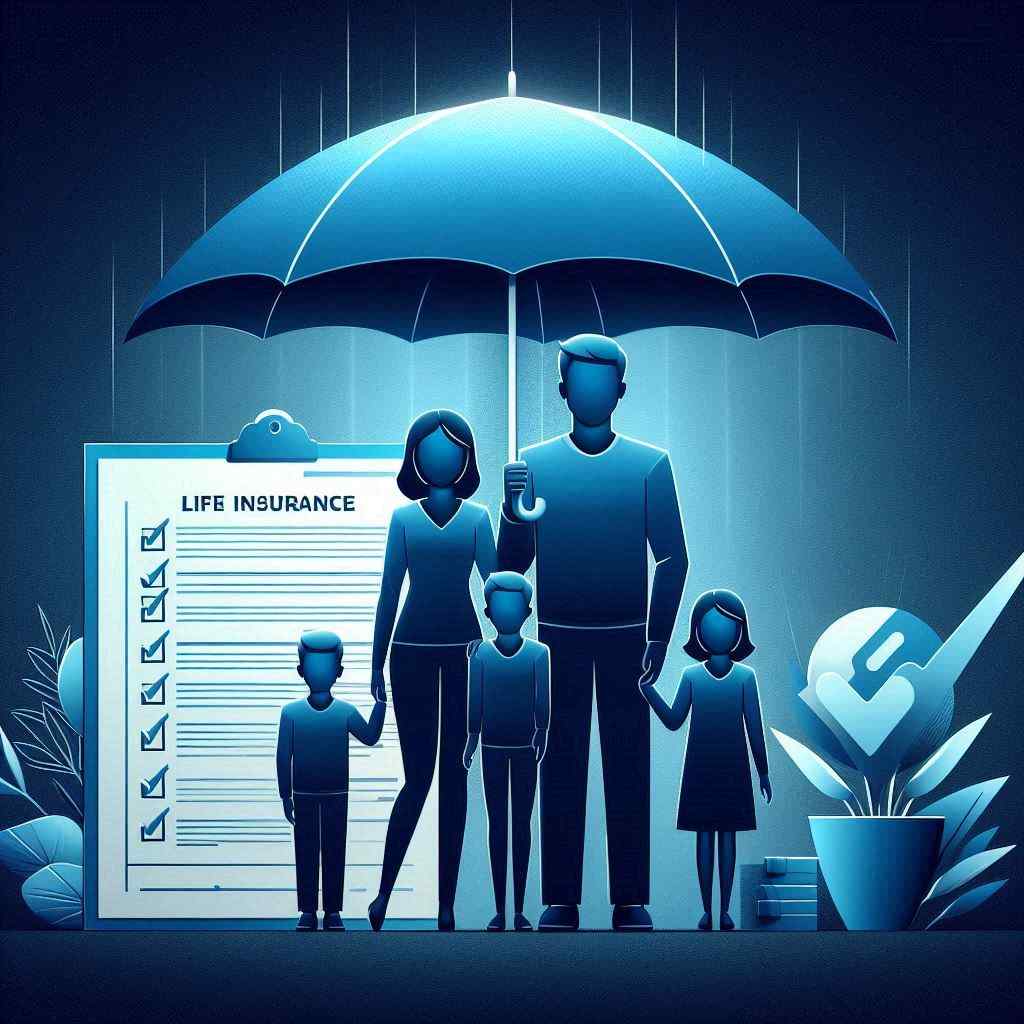  An illustrated family stands under a large umbrella, symbolizing protection as they review a life insurance checklist. This visual emphasizes the importance of understanding how to buy aged life insurance leads from Aged Leads Depot to ensure financial security for their loved ones