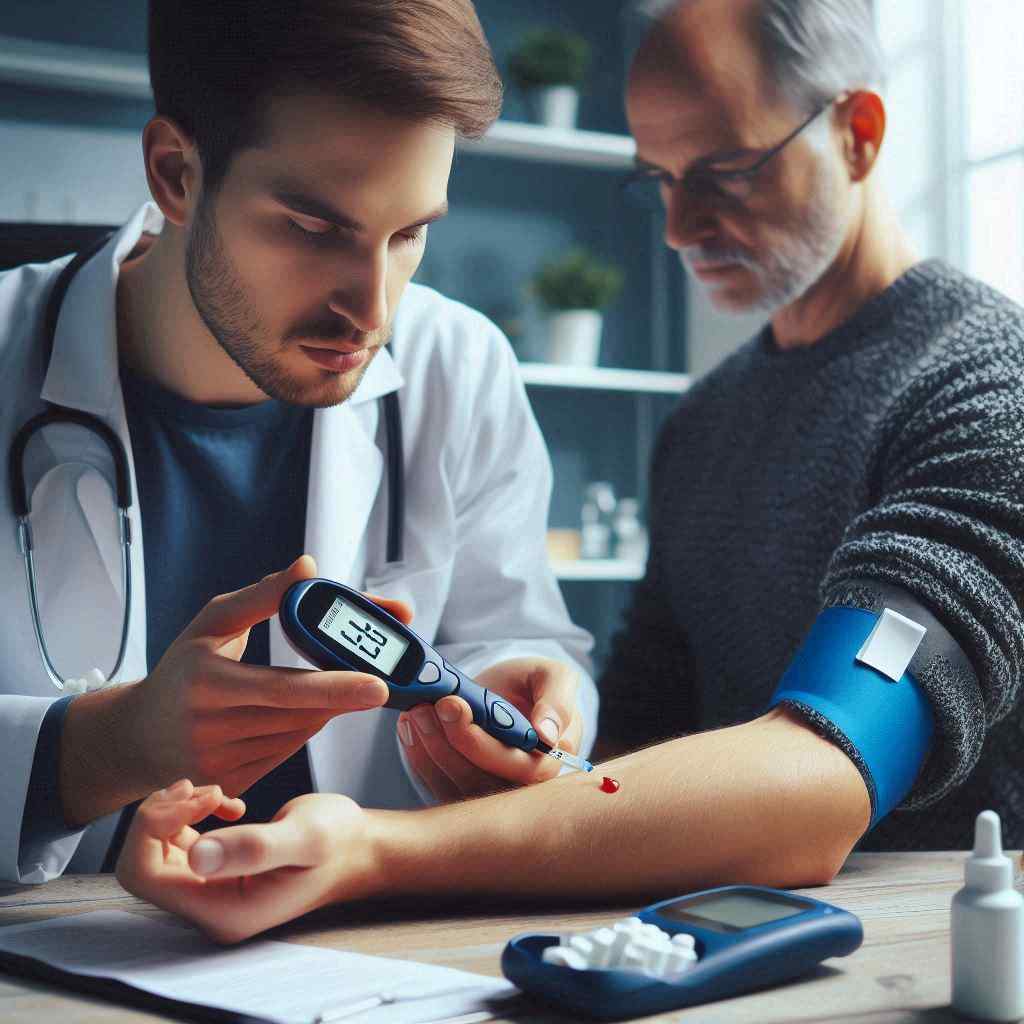 A diabetic doctor carefully checks a patient's blood sugar level while the patient sits with a blood pressure cuff on his arm, indicating that the doctor acquired this client from a list of diabetic supplies leads from Aged Leads Depot.