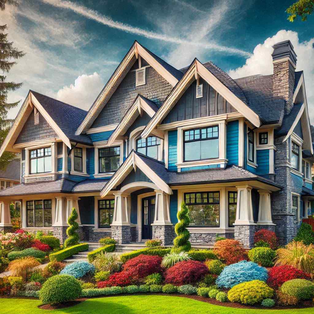 An image of a two-story suburban house with a well-maintained garden and a driveway. The house is being insured by an insurance agent, who secured the sale from a list of aged homeowners insurance leads from Aged Leads Depot.