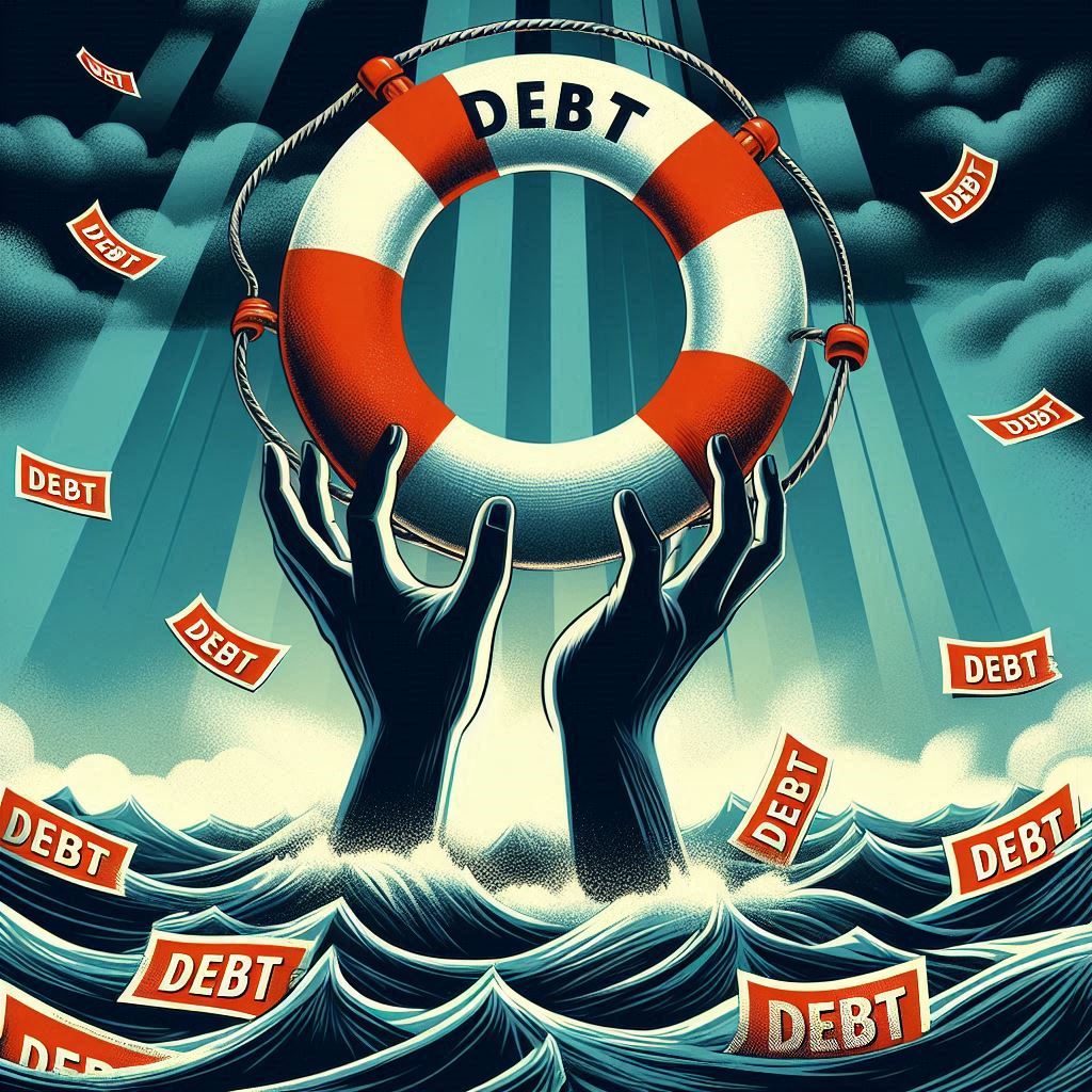 Hands reach for a lifebuoy amidst waves of debt letters, symbolizing the search for the best debt settlement leads from Aged Leads Depot.