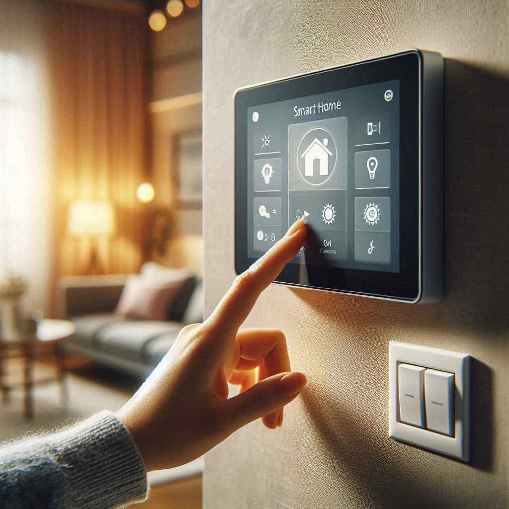 A home security agent acquired this client from a list of home security alarm leads from Aged Leads Depot, as a hand interacts with a smart home control panel.