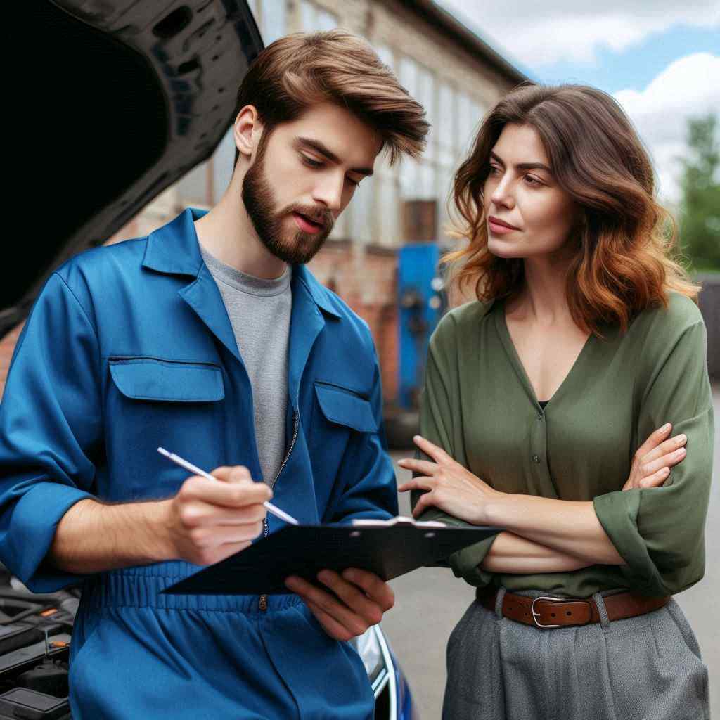 An auto mechanic discusses vehicle options with a prospect he obtained from a list of aged auto warranty leads from Aged Leads Depot, leaning against a car