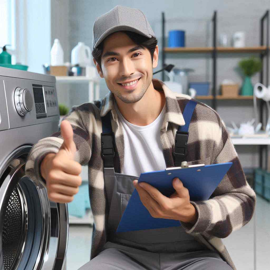 An appliance repair man gives a thumbs-up while working on a washing machine for a prospect from the best home warranty leads from Aged Leads Depot.