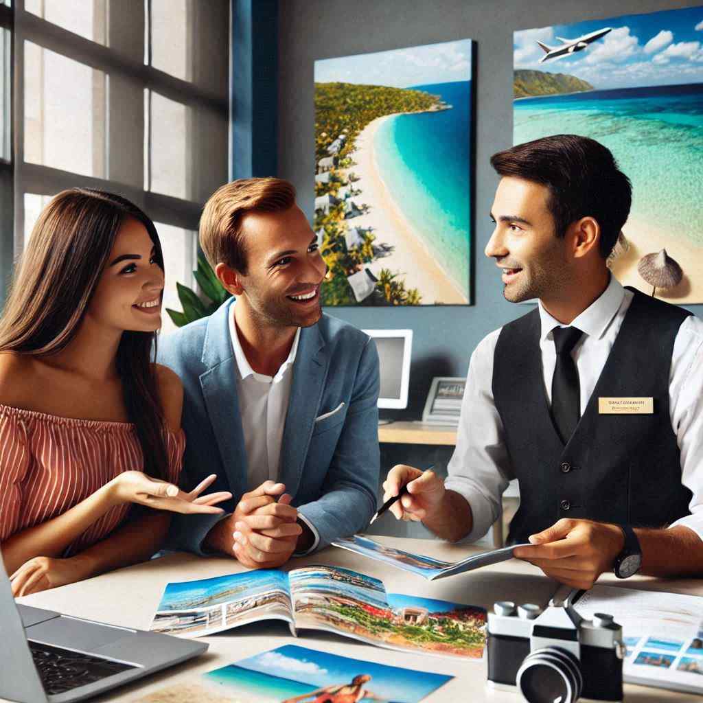 A travel agent in a suit discusses vacation options with a young couple, who are smiling and engaged. The office features vibrant travel imagery. The agent obtained this prospect from a list of travel agent leads from Aged leads Depot, emphasizing their professional connection.