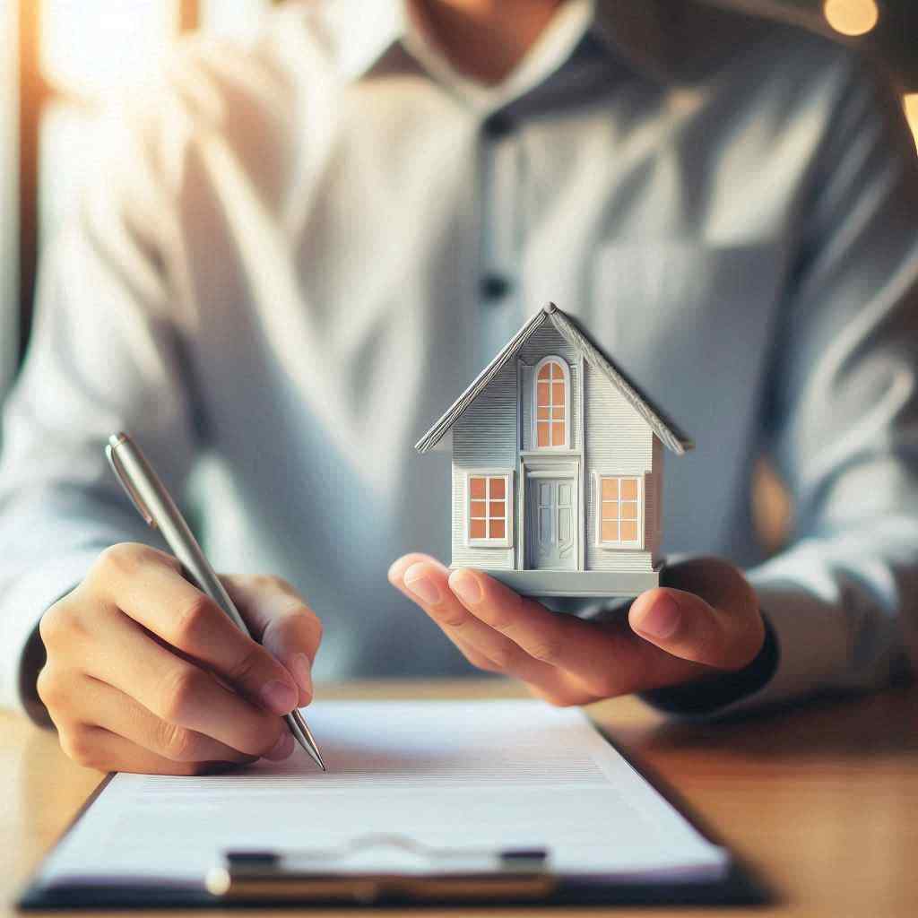 : A close-up of a person in a light shirt, holding a miniature house in one hand while writing notes with a pen in the other. This scene conveys the idea of discussing potential home insurance options referencing that the prospect was sourced from home insurance leads frim Aged Leads Depot