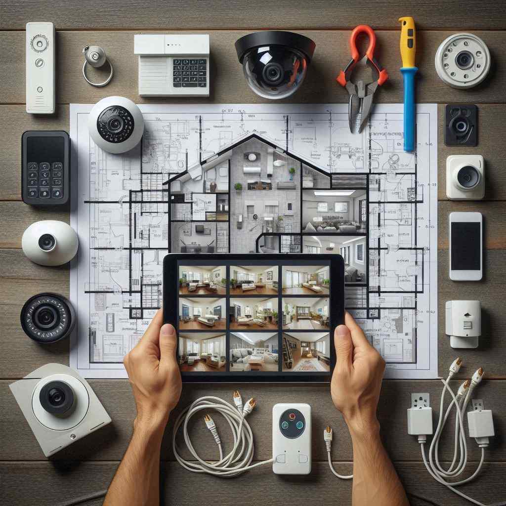 A home security agent secured this client from a list of alarm system leads from Aged Leads Depot, displaying a tablet with security camera feeds overlaid on a floor plan.