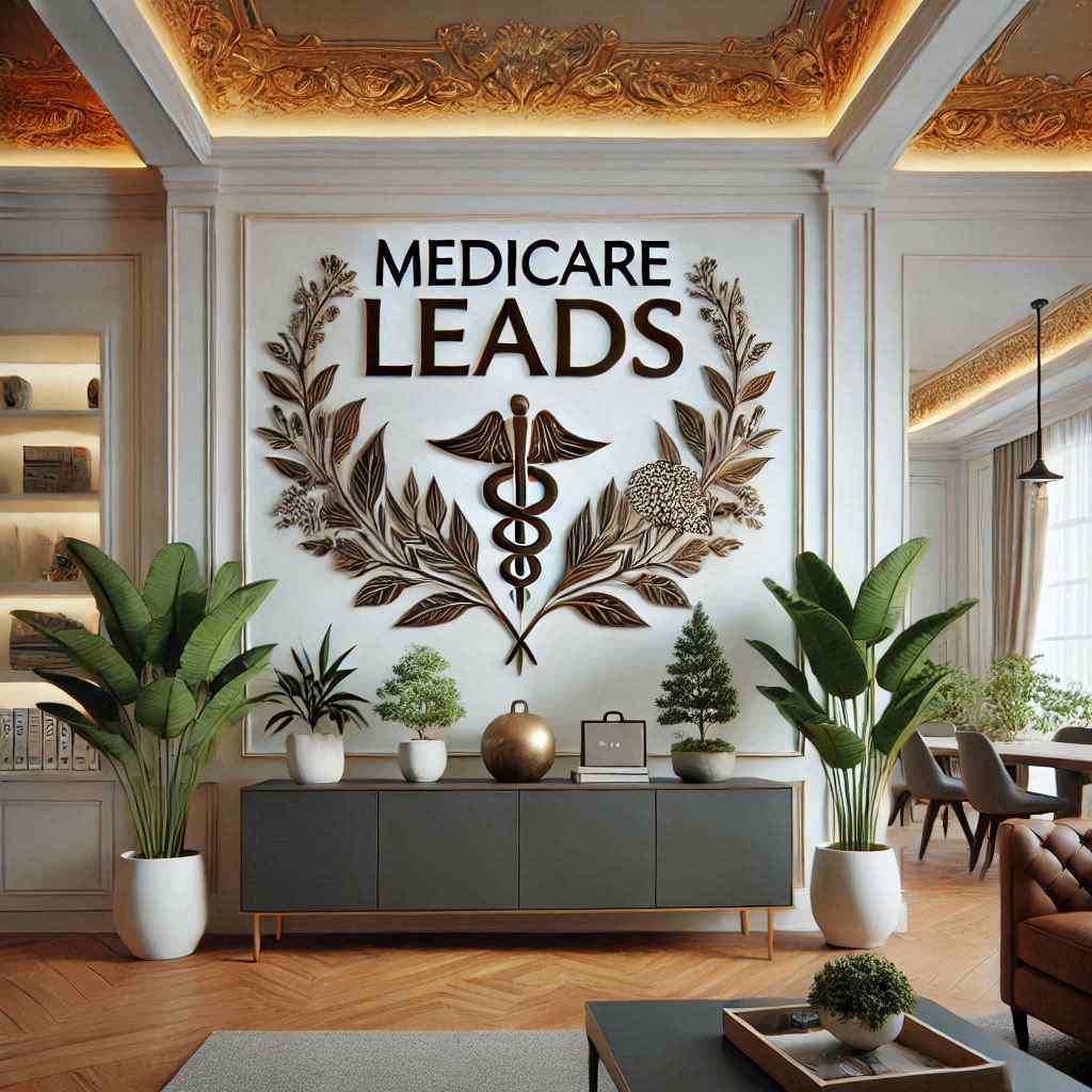 A Medicare agent acquired this client from a list of aged Medicare leads from Aged Leads Depot, with a decorative wall featuring "MEDICARE LEADS" as the backdrop in a stylish office setting.