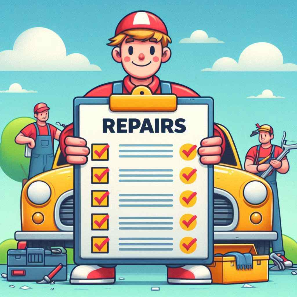 A mechanic holds a checklist labeled "REPAIRS" in front of a car, symbolizing car warranty leads from Aged Leads Depot.