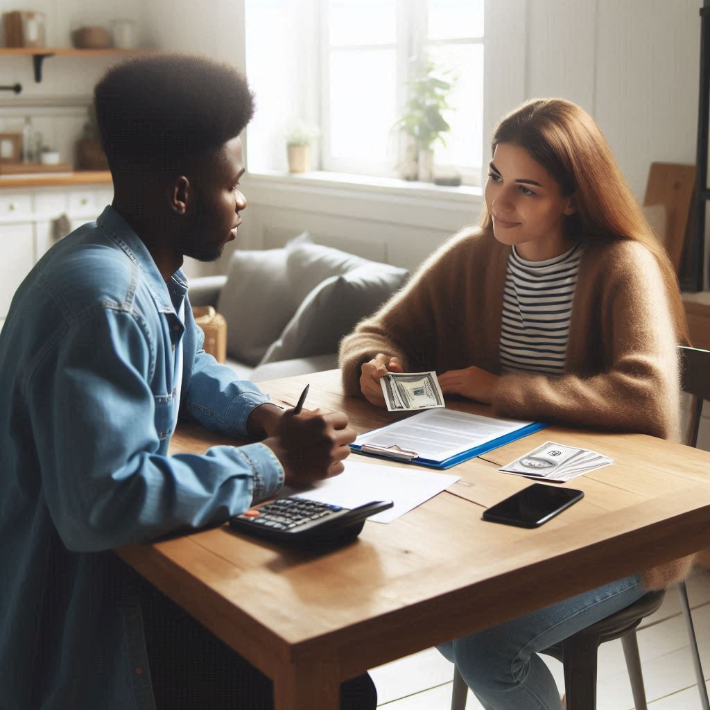A financial advisor discusses options with a client, focusing on tax debt leads from Aged Leads Depot while money is exchanged.