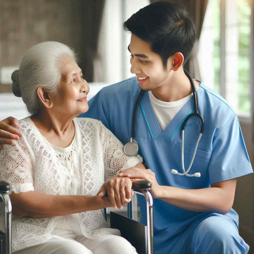 A DME healthcare professional smiles warmly at an elderly woman in a wheelchair, indicating that he acquired this client from a list of DME leads provider from Aged Leads Depot.