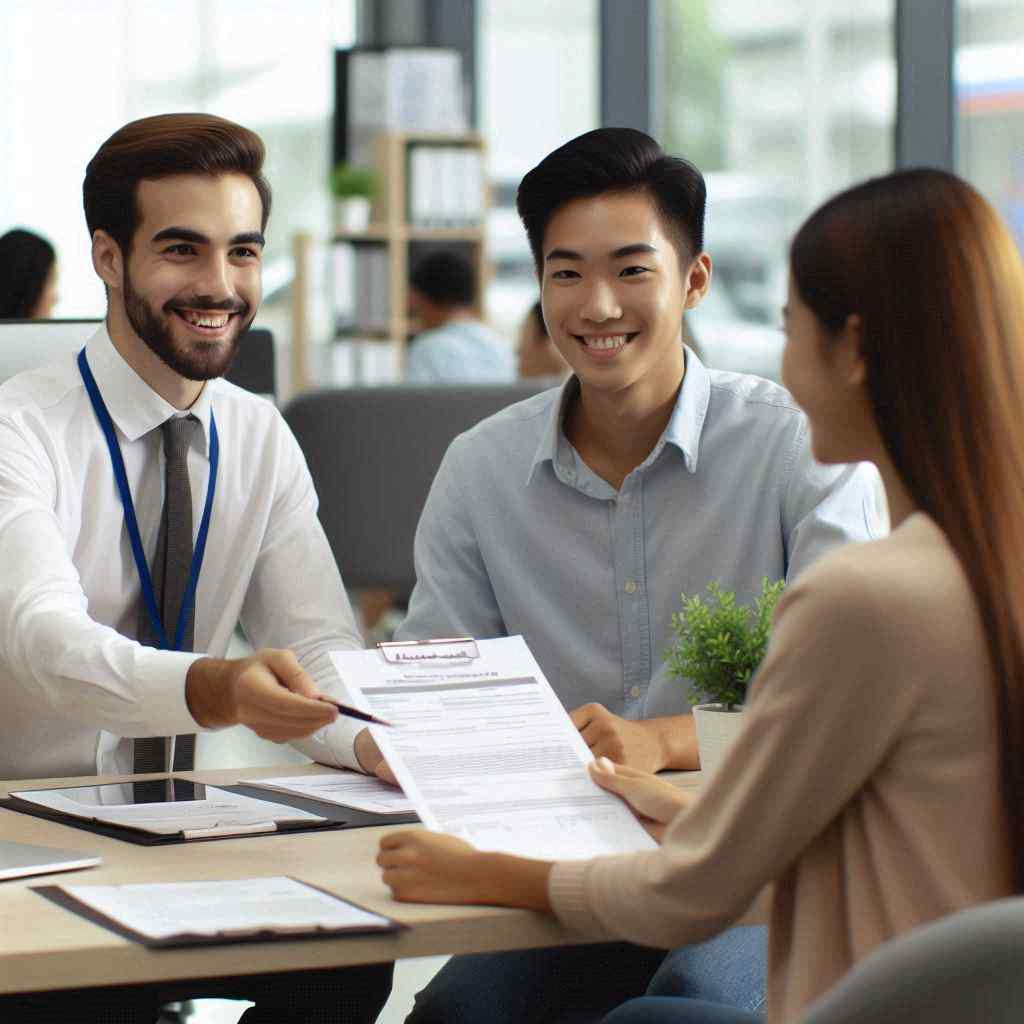 An MCA agent smiles while handing a document to a young client seated across the table, indicating that he secured this client from a list of merchant cash advance leads from Aged Leads Depot.