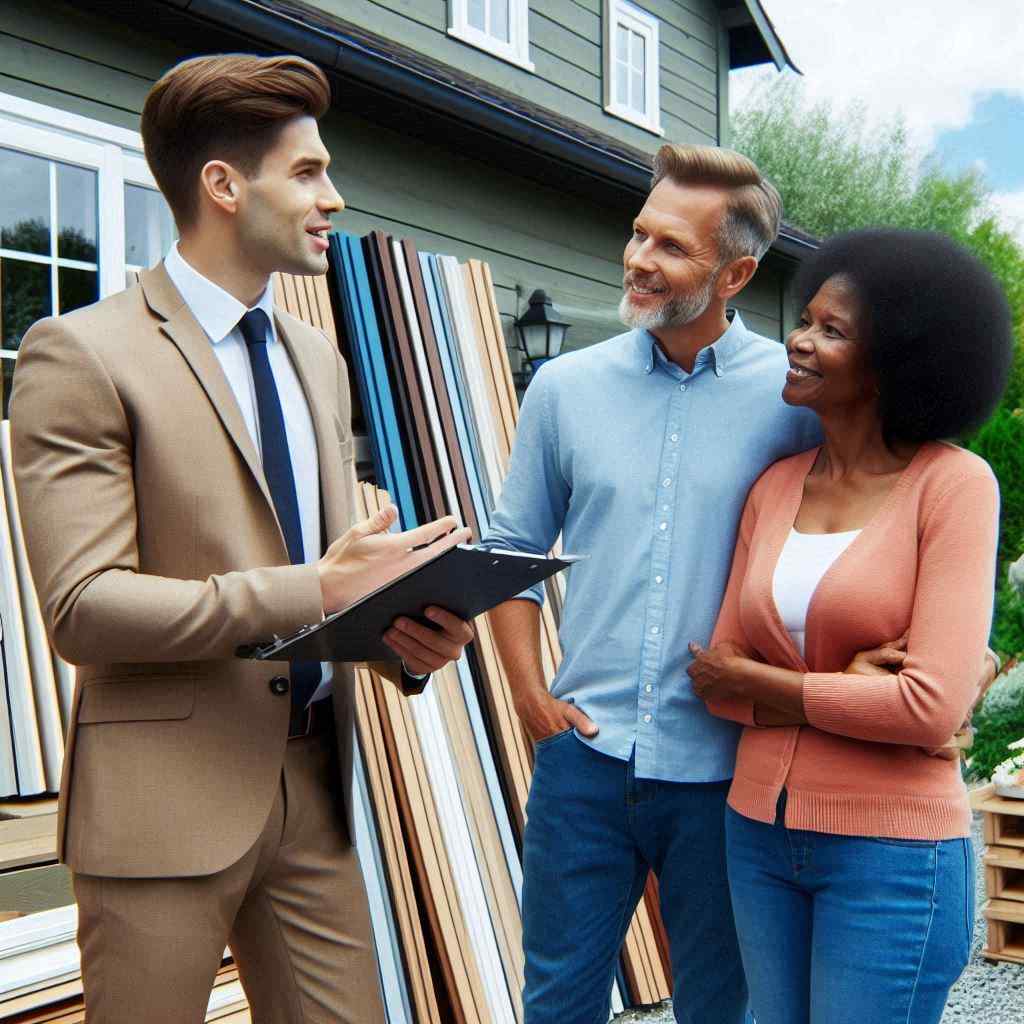 A siding agent talks to a couple outside a home, indicating that he secured this client from a list of siding contractor leads from Aged Leads Depot.
